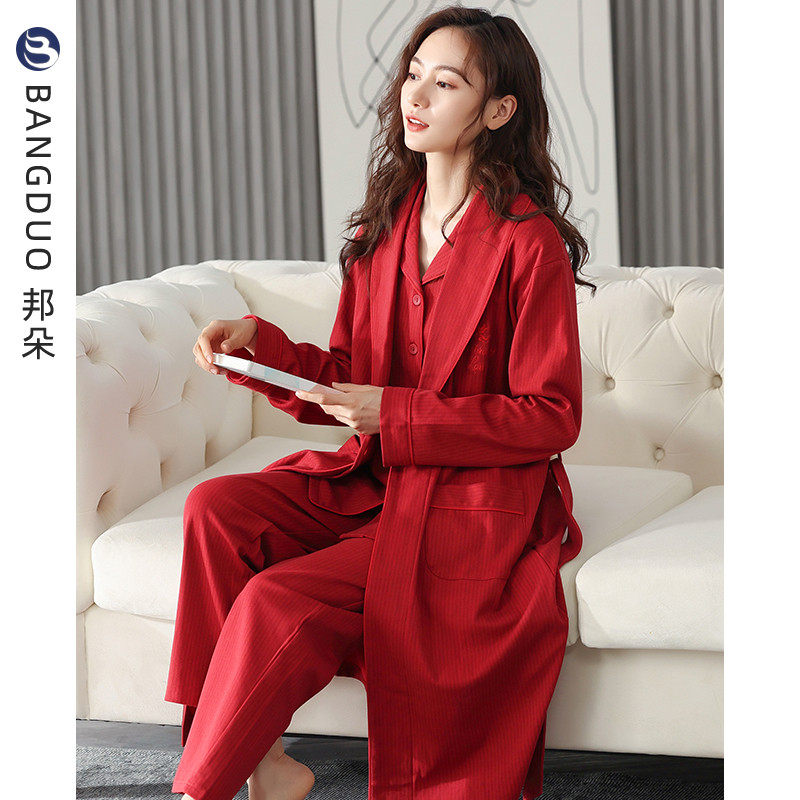 睡袍女睡衣春秋纯棉长袖秋季红色本命年新婚秋冬浴袍家居服三件套