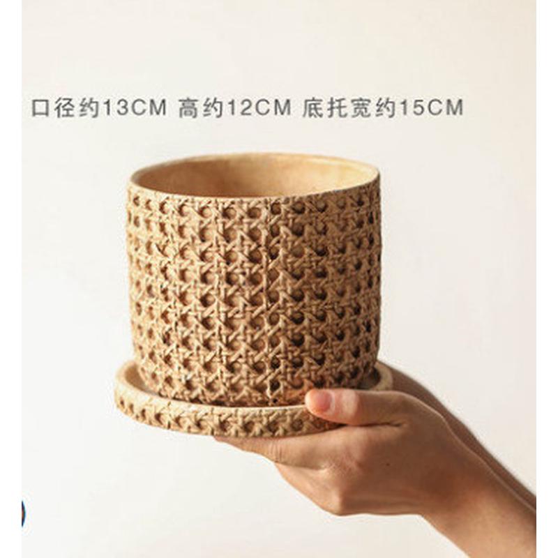 复古仿编织格子小花盆带托盘客厅家居摆件种多肉花器阳台室内