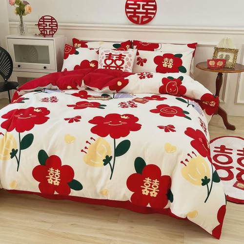 婚庆大红色四件套结婚高端床上用品被套床单床笠新婚房喜被陪嫁出
