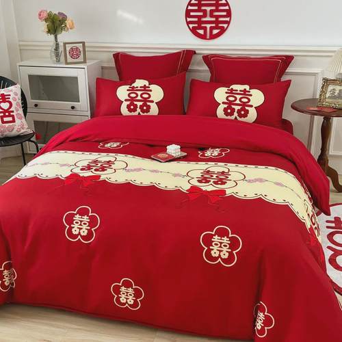 婚庆大红色四件套结婚高端床上用品被套床单床笠新婚房喜被陪嫁出