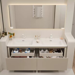 双洗手池酒店客房卫生间台盆柜子橡圆角木柜一体盆智能化妆镜组合