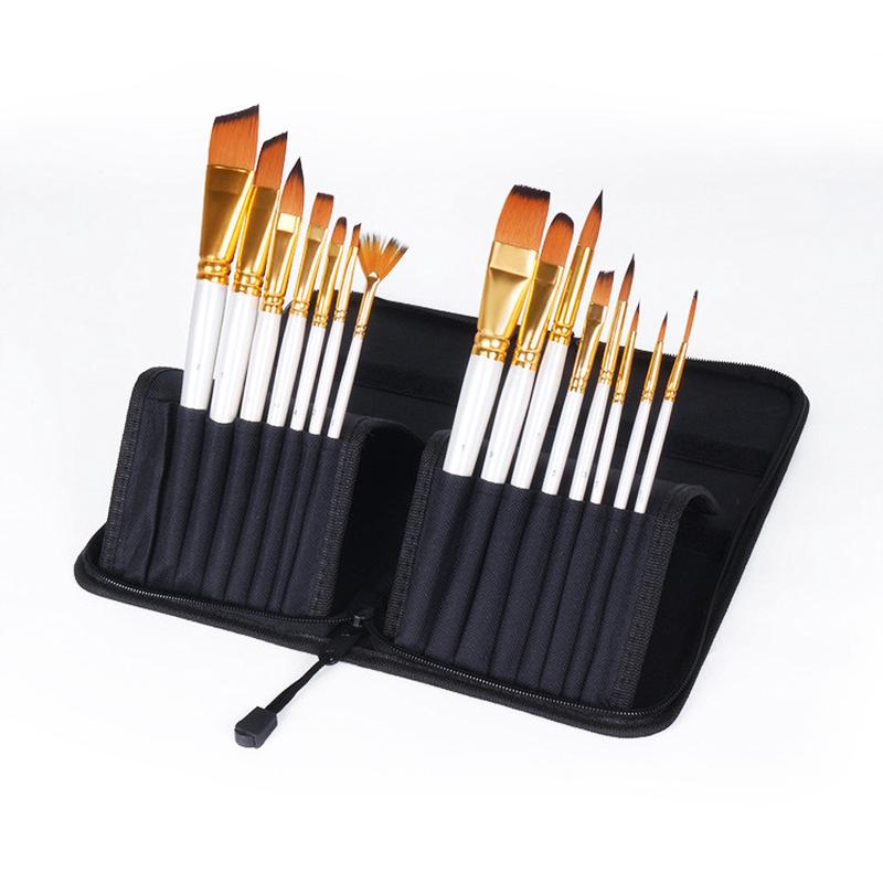 跨境尼龙毛丙烯颜料画15支油画笔套装美术绘画水彩水粉笔画包