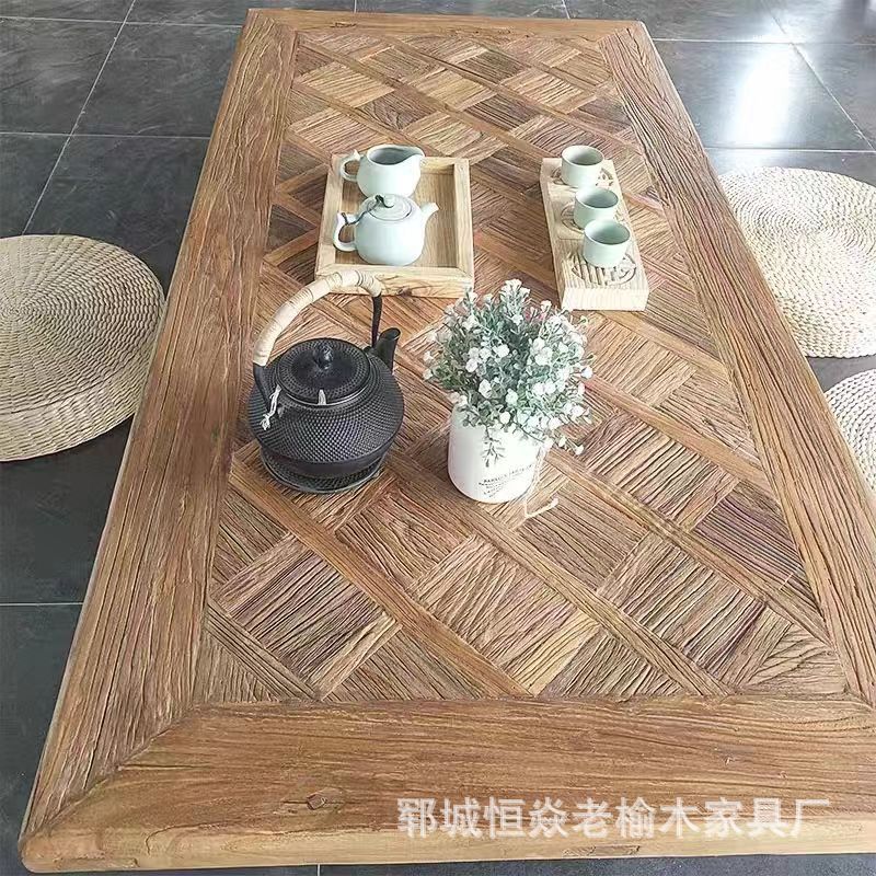 老榆木风化拼花怀旧实木桌面板民宿商用茶台大板老门板茶桌书桌