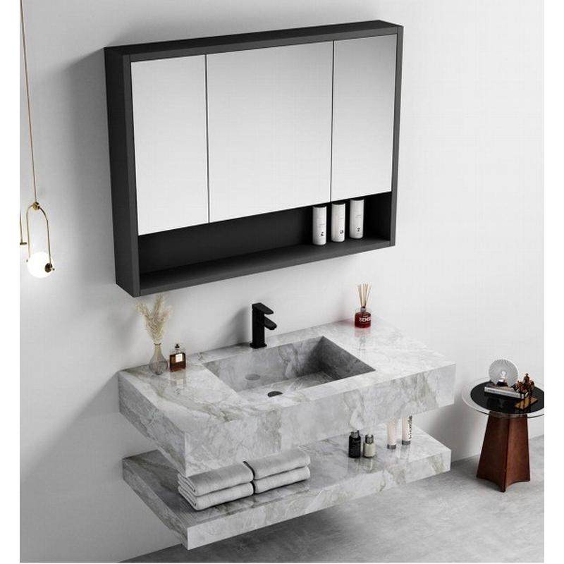 岩板无缝拼接陶瓷一体盆浴室镜柜简约高端洗漱台灰色现代卫生间