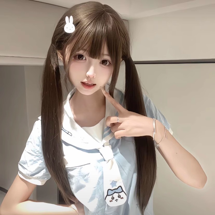 假发女黑长直假发Lolita萌妹少萝齐刘海冷棕色65cm双马尾整顶假发