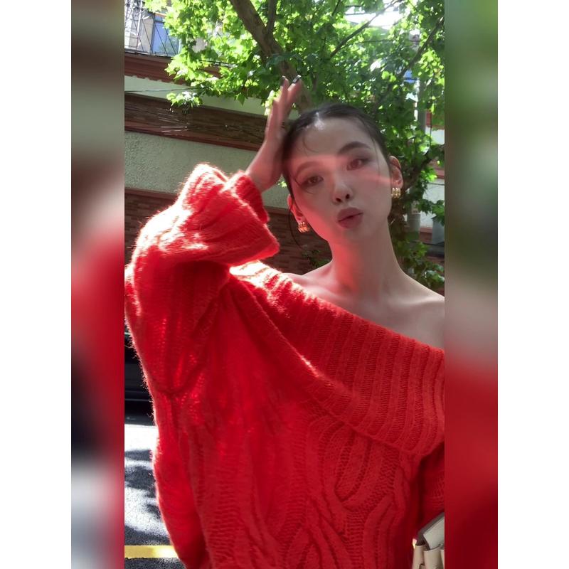 label方 一字领毛衣女秋冬季新款纯色露肩加厚百搭慵懒风针织外套