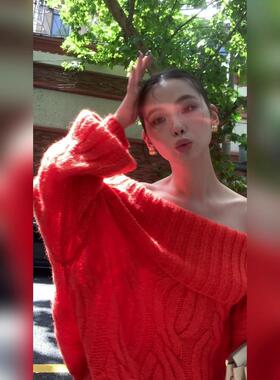 label方 一字领毛衣女秋冬季新款纯色露肩加厚百搭慵懒风针织外套