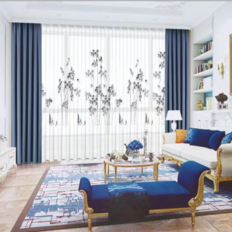 新中式窗帘现代山水画水墨画纱金刚印花阳台卧室客厅茶室隔断纱帘