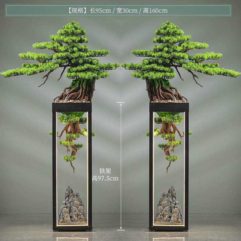 新中式崖柏盆栽茶室高端绿植摆件造景仿真迎客松装饰仿真树玄关