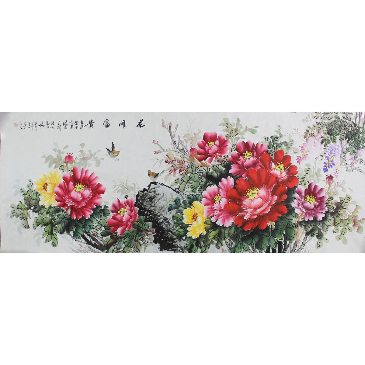 纯手绘小六尺国画花鸟画牡丹花开富贵吉祥卧室客厅书房背景图