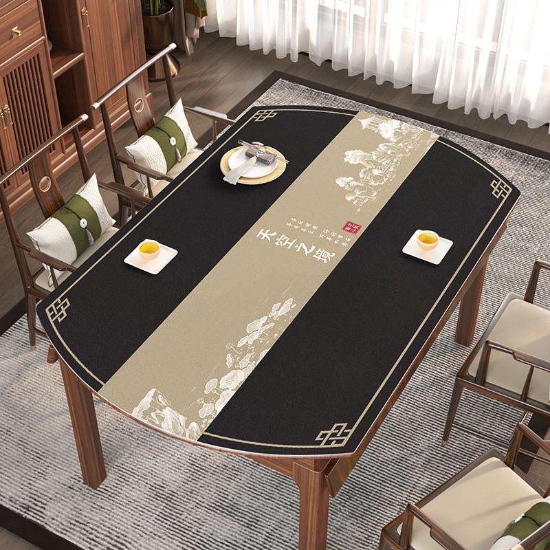 新中式椭圆形餐桌布防水防油免洗轻奢高级感可伸缩折叠圆桌茶几垫