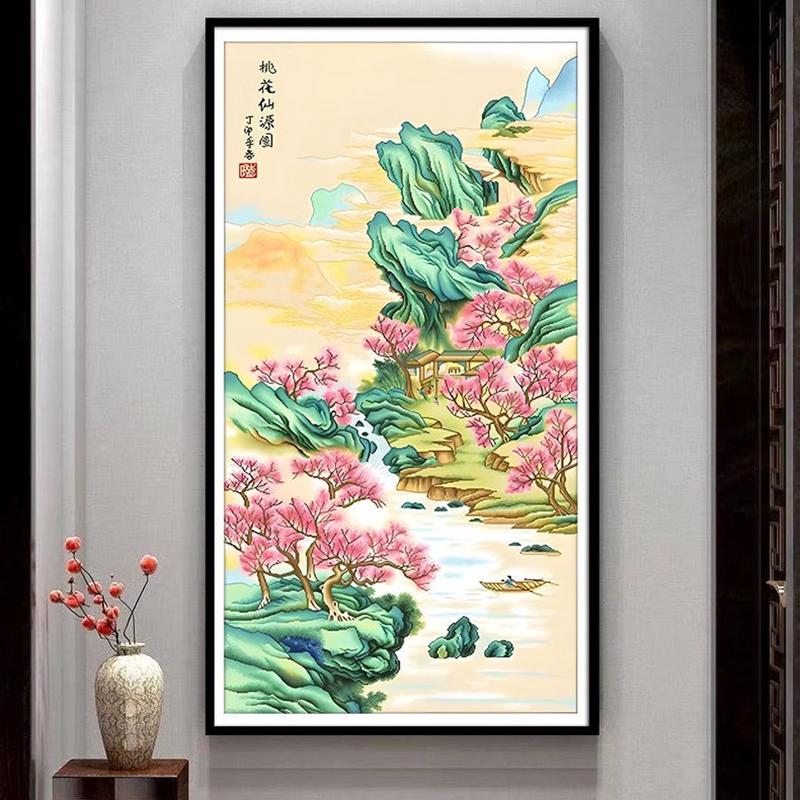 名画桃花仙源图十字绣2023新款线绣竖版客厅卧室玄关走廊风景国画