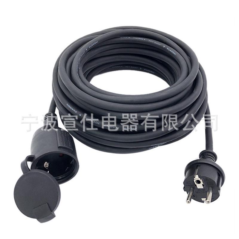 黑色花园欧规橡胶延长线vde德式ip44防溅插头工地欧洲户外电源线