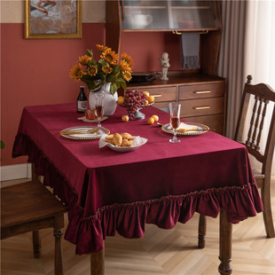 法式 桌布餐桌布方桌圆桌盖布书桌化妆台 复古丝绒荷叶边高级感美式