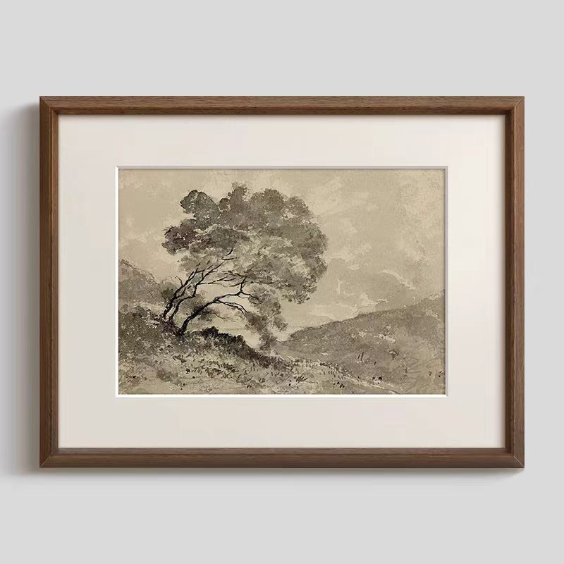 树》黑白素描装饰画法式复古中古风客厅壁画玄关走廊书房实木挂画图片
