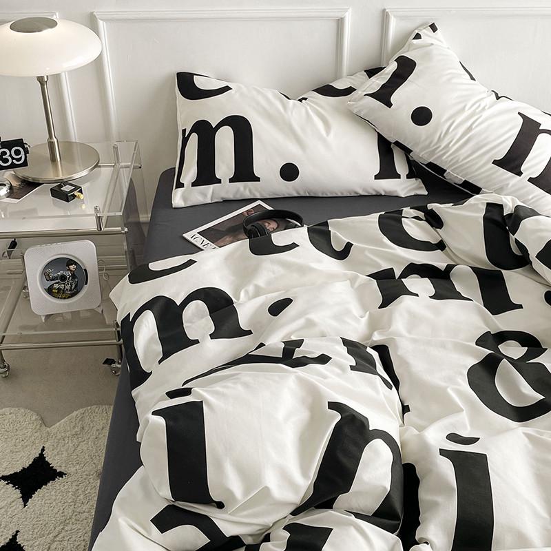 j6dains文艺字母风黑白写意水洗棉床上四件套裸睡床单被套三件套4