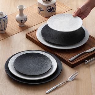 日式岩纹浅盘子白色黑色盘子菜盘家用陶瓷饭盘汤盘圆形10碟子12寸