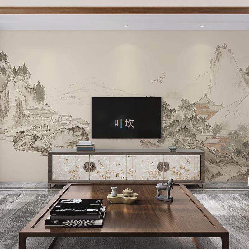y禊3新中式电视背景墙壁纸壁画水墨山水墙纸客厅沙发茶室壁布无缝