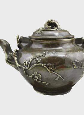 古玩收藏批发铜器工艺品黄铜摆旧做饰雕刻大梅花铜壶茶壶客厅摆件