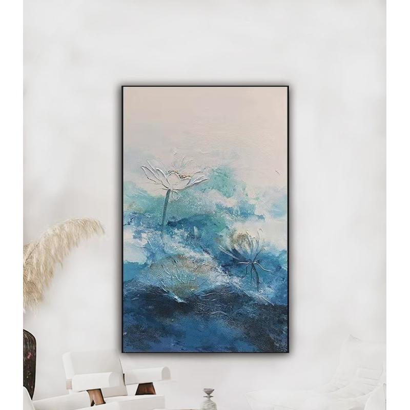 手绘油画新中式玄关装饰画走廊过道荷花抽象现代简约客厅餐厅挂画图片