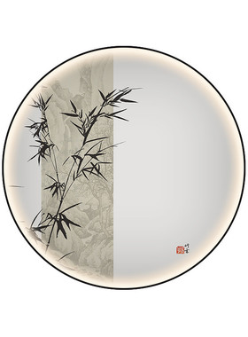 2fled灯光画中式带灯玄关装饰画竹子挂画走廊过道轻奢进门圆形壁