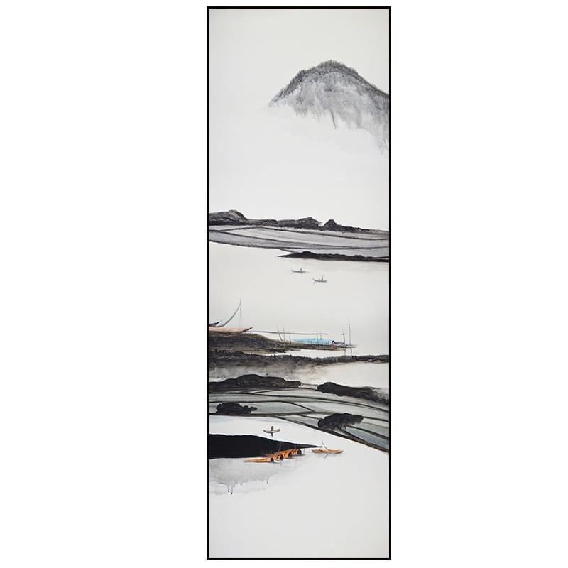 走廊玄关挂画竖版三联山水画酒店新中式客厅装饰画壁画沙发背景墙