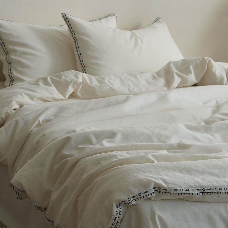 简洁质朴黑白白色刺绣棉麻四件套20%亚麻复古绣花日式床上用品