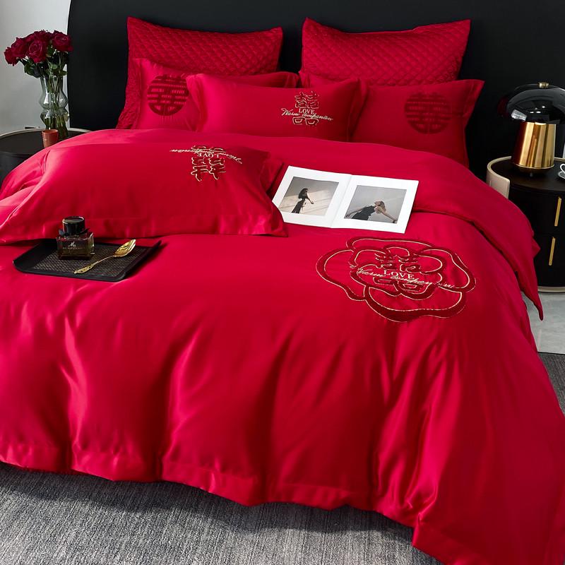 高档结婚床上用品四件套婚庆婚房喜被高级感床单被套红色婚礼被罩