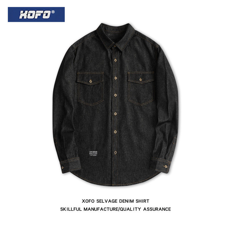 不易掉色春夏季黑色牛仔长袖衬衫男美式宽松休闲男士衬衣,男装,衬衫,淘宝优惠券,粉丝福利购,淘宝优惠卷