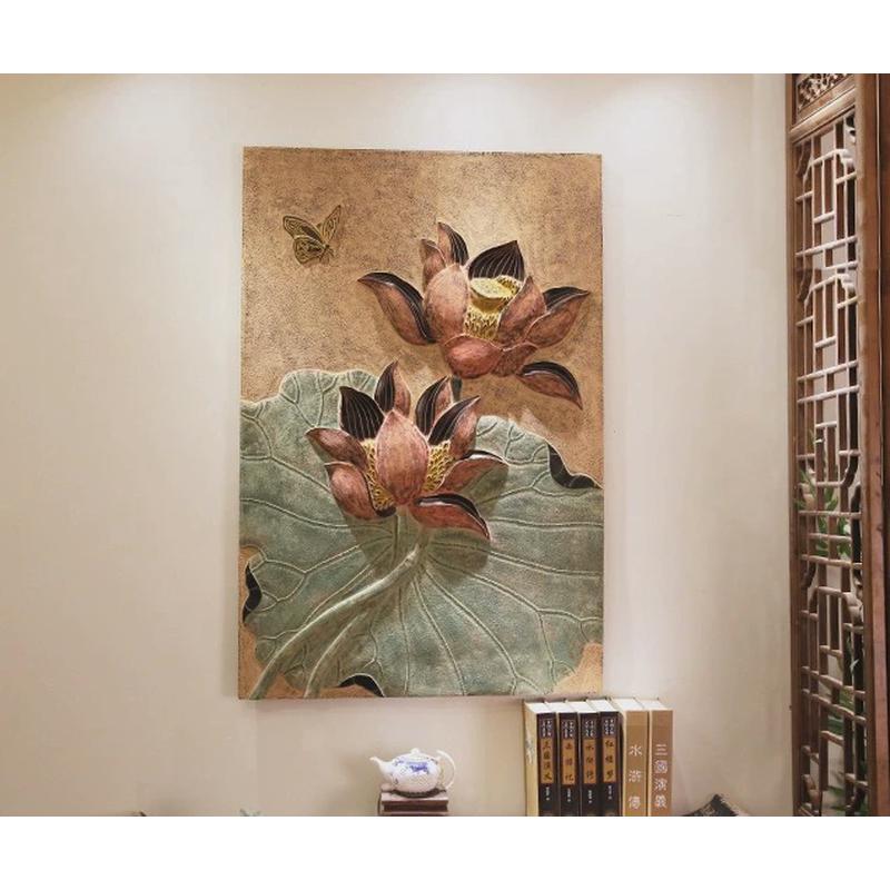 中式浮雕荷花壁饰复古家居装饰工艺品玄关画背景墙挂件映日荷香图片