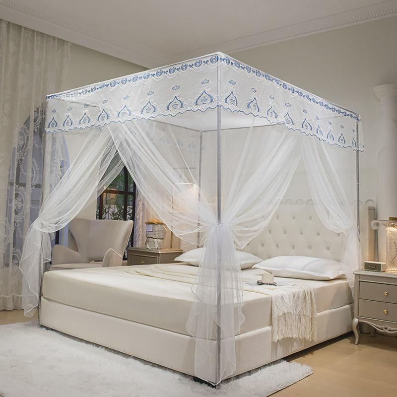 双人宫廷落地蚊帐1米5床加密三开门床蚊帐蜂窝网纱不锈钢烤漆支架