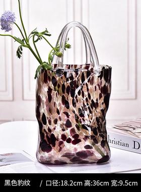 落地透明摆件客厅花点玻璃花瓶带提手奢北欧竖条花瓶水培插花花瓶