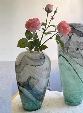 现代轻奢水墨画琉璃花瓶艺术摆件玄关餐桌装饰客厅插花花器样板间