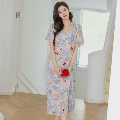 家绵绸加长款纯棉绸睡裙女士短袖加大码睡衣夏季人造棉布韩版新款
