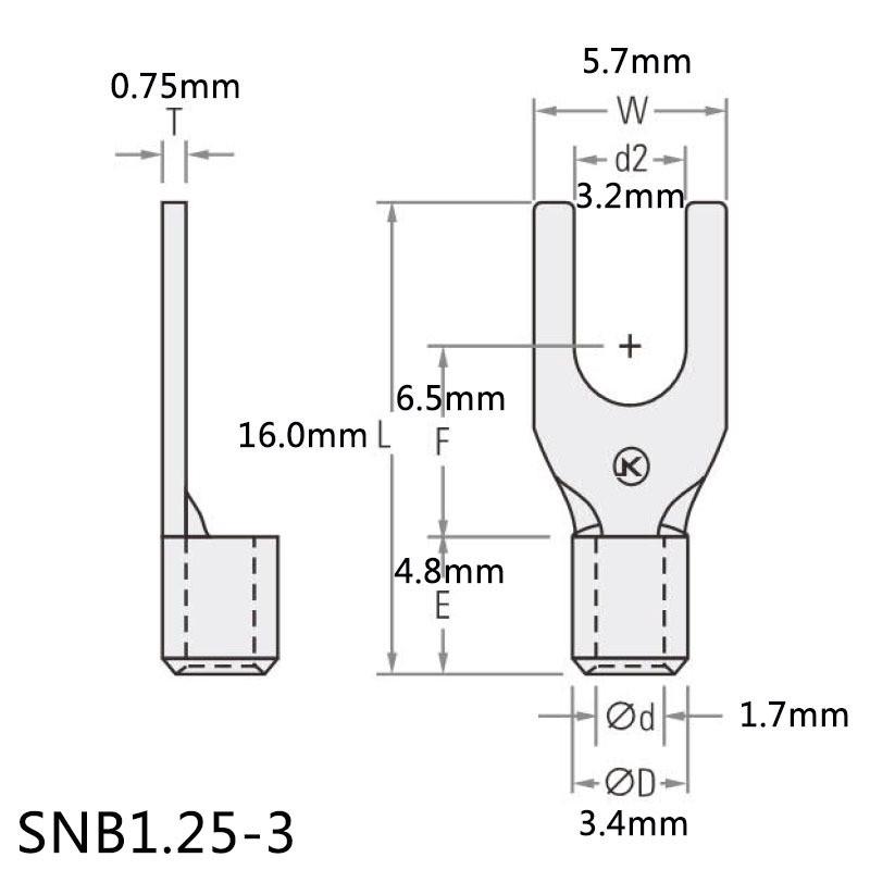 SNB1.25-3紫铜叉形端子接头UT铜鼻子电线冷压端子M3开口线鼻铜端