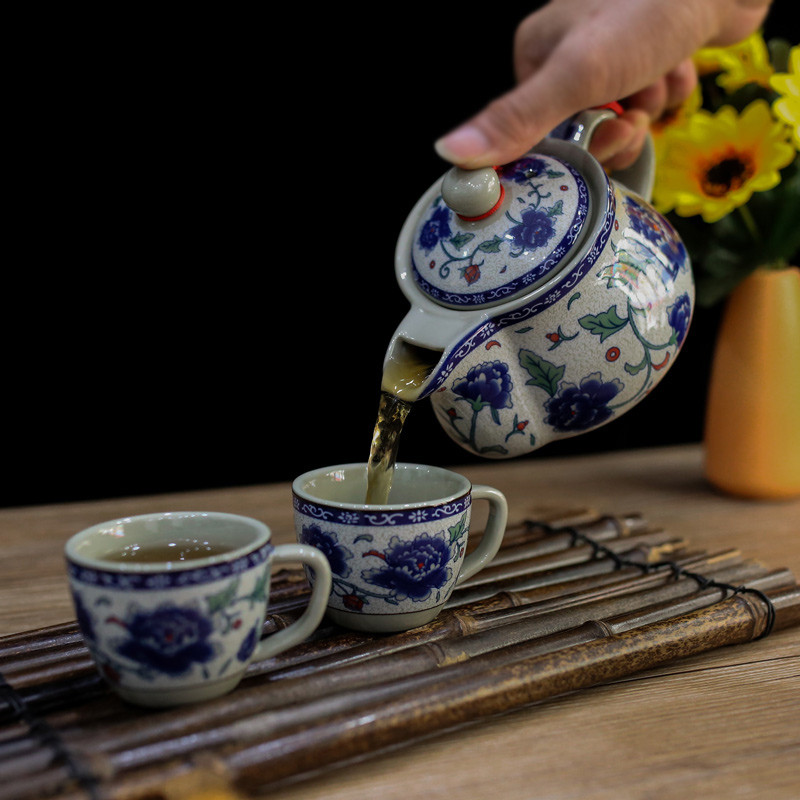 青花瓷功夫茶具把手杯中式陶瓷复古花茶壶釉中彩防烫泡茶壶整套装