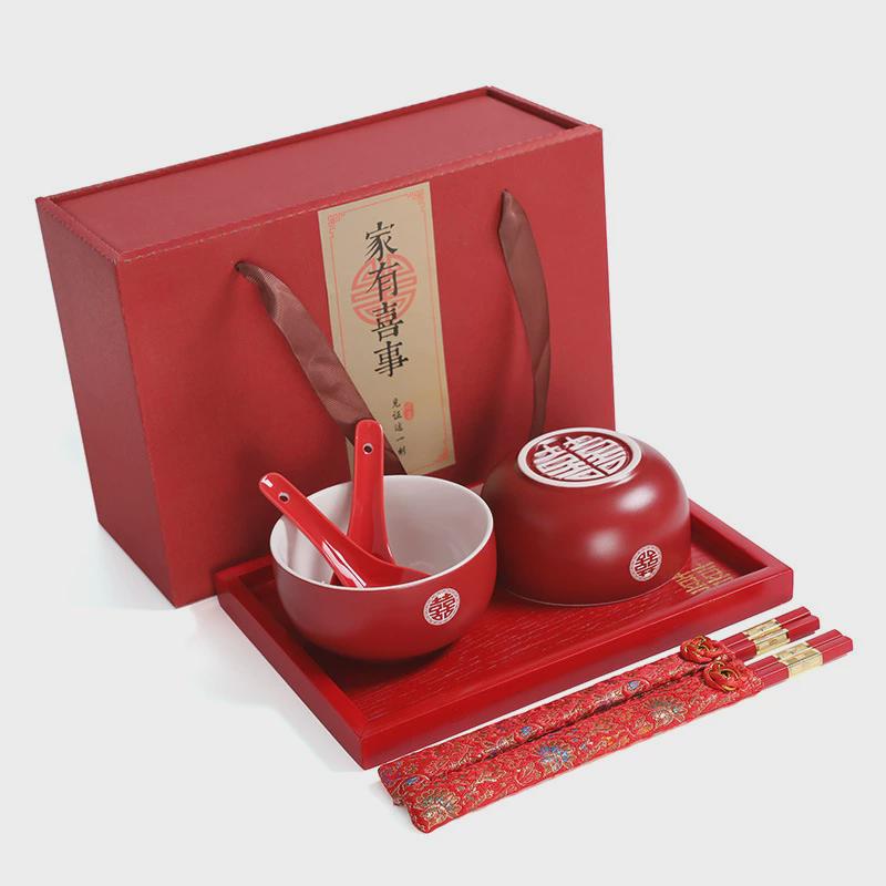 结婚敬茶杯茶具套装改口茶杯盖碗喜红碗筷对碗婚礼用品大全喜新品