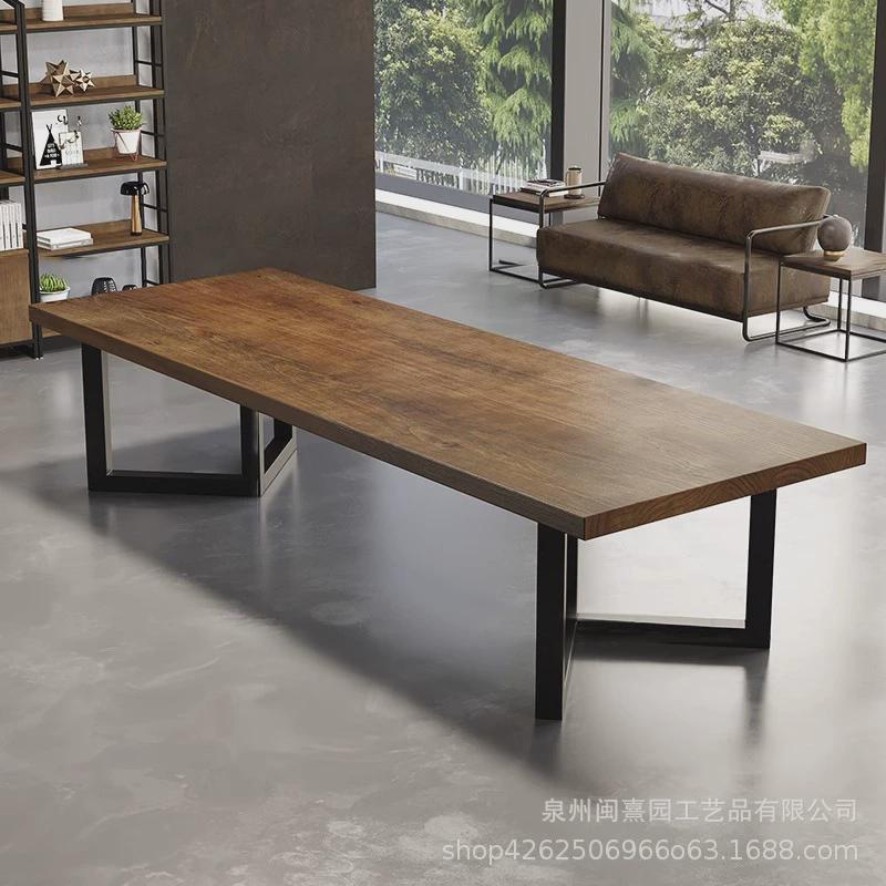 接待实木复古板式铁艺会议桌原木大板北欧长桌工作办公长桌椅组合