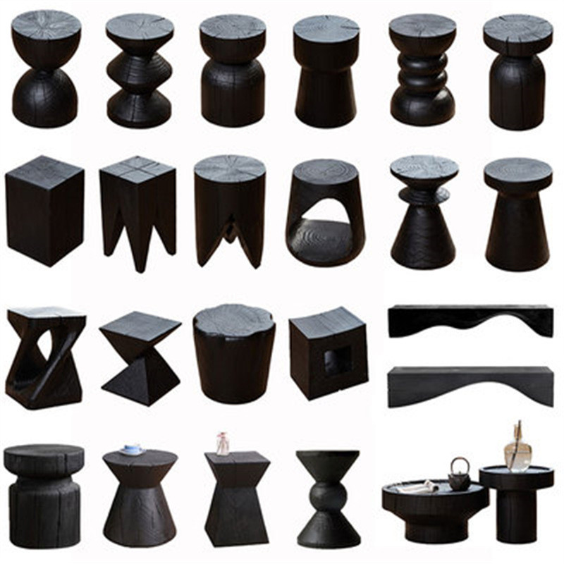 侘寂风碳化实木墩子圆凳边几原木矮凳设计师民宿树桩摆件复古椅凳