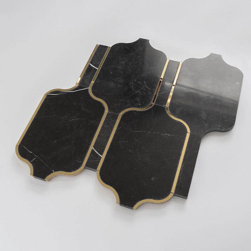 金属镶嵌黑白色水刀大理石拼花灯笼水刀切割天然石材电视背景墙