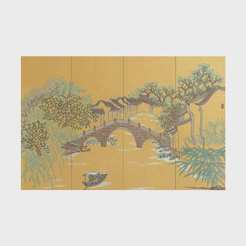 新中式高精密度刺绣硬包精致简美风山水风景画客厅电视背景墙墙纸