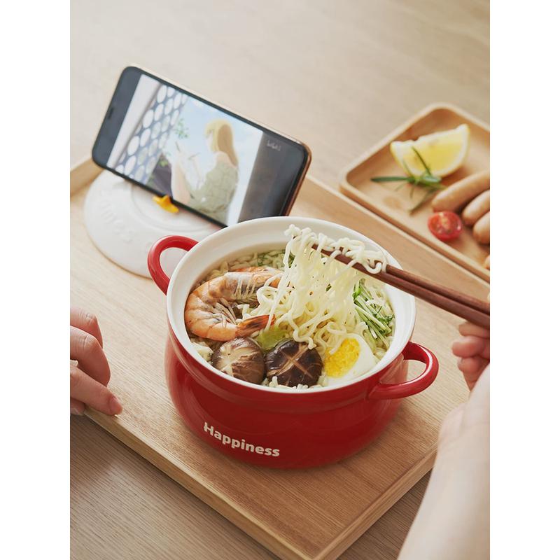 v3fp萌动泡面碗带盖学生宿舍陶瓷双耳大容量把手方便面可爱面碗