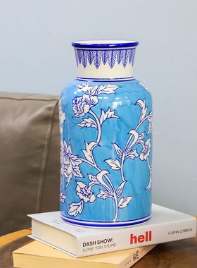 京城牡丹陶瓷花瓶高级感ins玄关客厅摆件酒店创意工艺品青花瓷