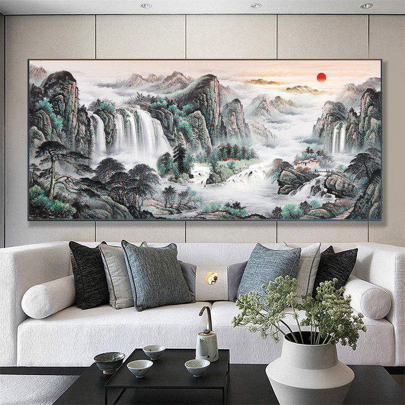 生财流水新中式办公室字画装饰风景山水客厅挂画国画沙发背景墙画