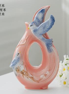 工艺品摆件花瓶陶瓷干花花器创意家居装饰品浮雕花瓶鸟语花香