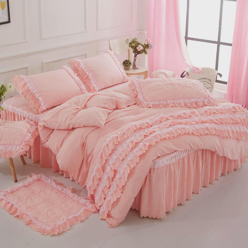 水洗棉裸睡纯色床罩床套1.51.8加棉韩式公主风超柔床裙四件套被套