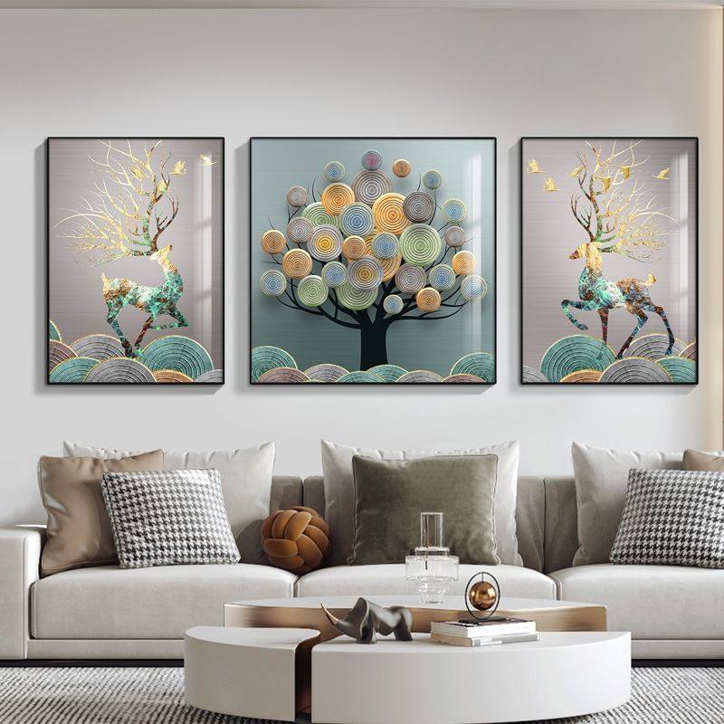 客厅山水画免打孔经典晶瓷画现代新款沙发背景墙有框三联镶钻壁画