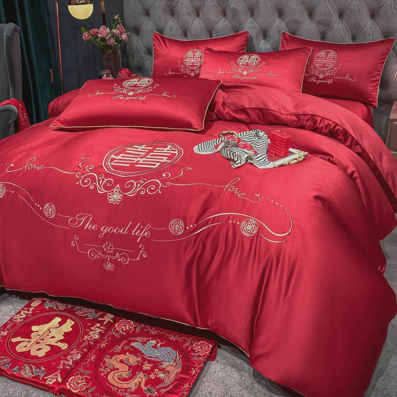 大红色刺绣100支婚庆床上四件套简约喜庆结婚新婚喜被婚房床笠款,床上用品,床品套件/四件套/多件套,淘宝优惠券,粉丝福利购,淘宝优惠卷