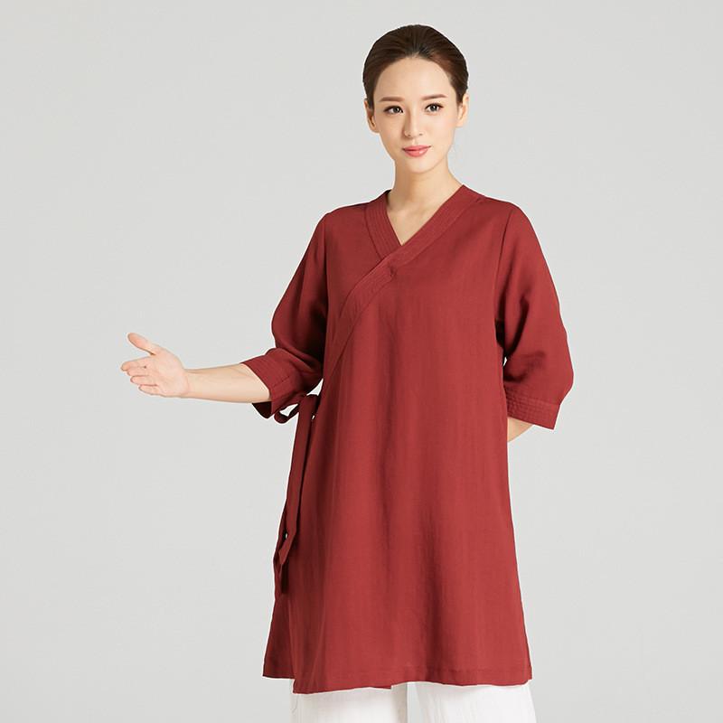 夏季新品太极服女明线亚麻服领武术服民族风宽松显瘦晨练斜