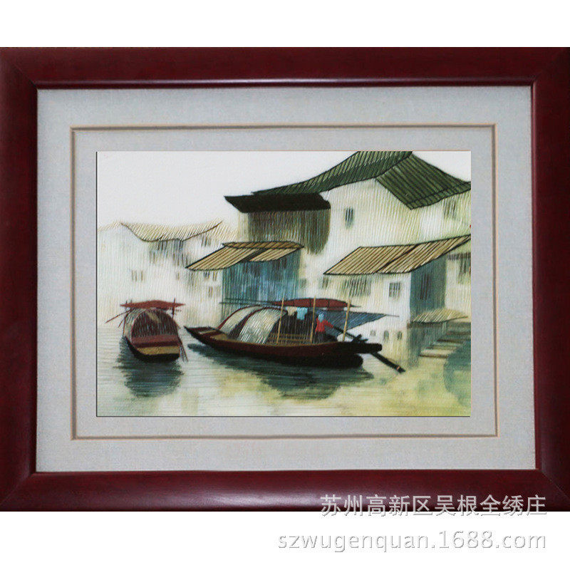 苏绣带框装饰画客厅书房挂画苏州手工刺绣成品商务礼品水乡风景画